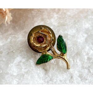 Gold Toned Rosebud Green Enameled Vintage Cute Costume Jewelry Brooch